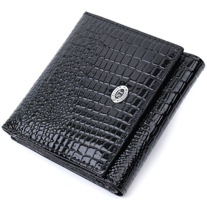 Компактний жіночий гаманець з натуральної лакованої шкіри ST Leather 22688 чорний