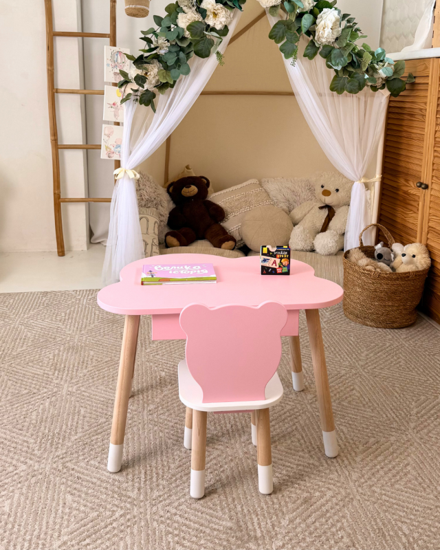 Стіл хмаринка з висувною шухлядкою для речей 685046 і стілець спинка медведик 26.5х26х25, рожевий (185333)