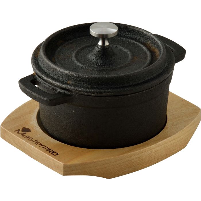 Каструля чавунна з кришкою міні з серверовочною дошкою MasterPro Cook & share 10 см 0,16 л (BGMP-3804-4)
