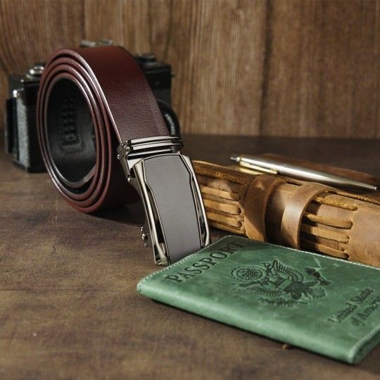 Ремінь чоловічий з матовою вставкою на пряжці 20278 Vintage коричневий